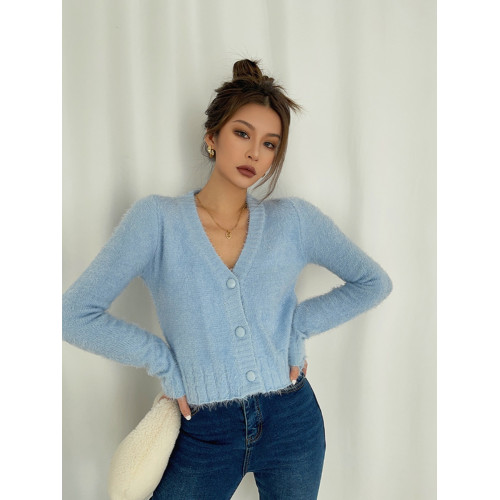 辣妹顯瘦高腰V領毛絨軟糯針織小開衫長袖毛衣短款外套2024年新款