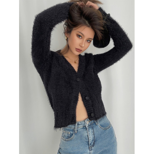 辣妹顯瘦高腰V領毛絨軟糯針織小開衫長袖毛衣短款外套2024年新款