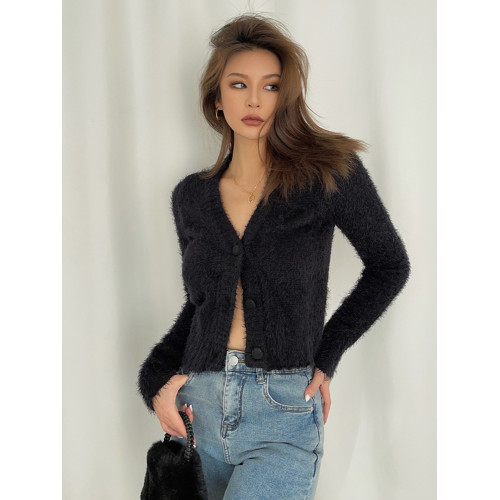 辣妹顯瘦高腰V領毛絨軟糯針織小開衫長袖毛衣短款外套2024年新款