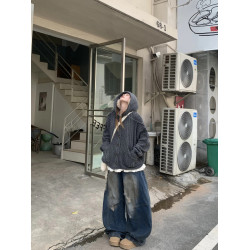 美式復古慵懶風秋冬新款連帽開衫毛衣外套女設計感寬松針織上衣潮