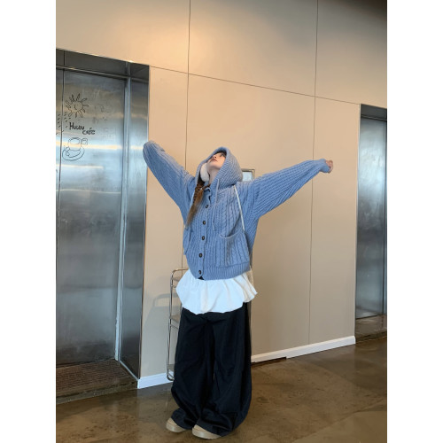 美式復古慵懶風秋冬新款連帽開衫毛衣外套女設計感寬松針織上衣潮