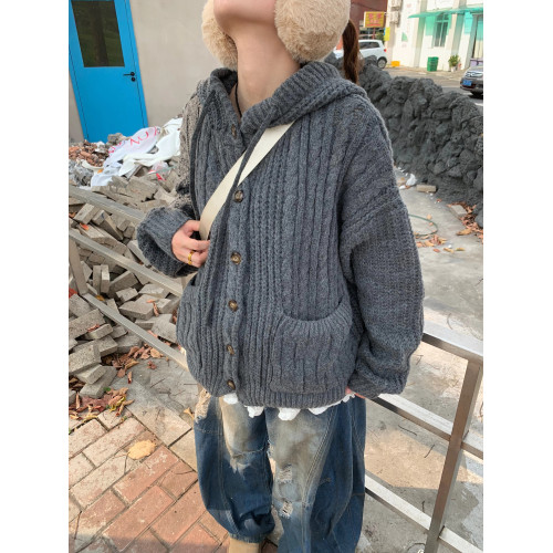 美式復古慵懶風秋冬新款連帽開衫毛衣外套女設計感寬松針織上衣潮