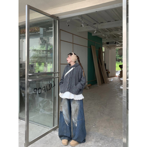 美式復古慵懶風秋冬新款連帽開衫毛衣外套女設計感寬松針織上衣潮