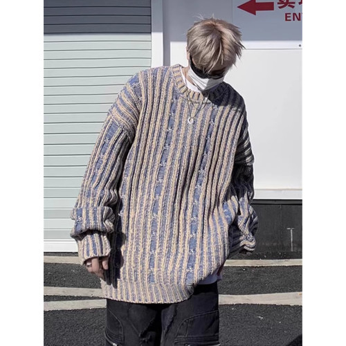 cleanfit復古條紋撞色毛衣男女冬季高街潮牌情侶小衆慵懶風針織衫