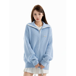 DRINTO銀標翻領高領針織衫國潮牌秋拉鍊開衫女通勤垂感純色外套