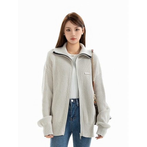 DRINTO銀標翻領高領針織衫國潮牌秋拉鍊開衫女通勤垂感純色外套