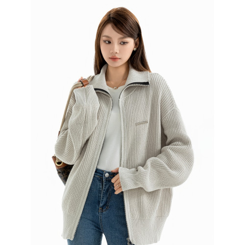 DRINTO銀標翻領高領針織衫國潮牌秋拉鍊開衫女通勤垂感純色外套