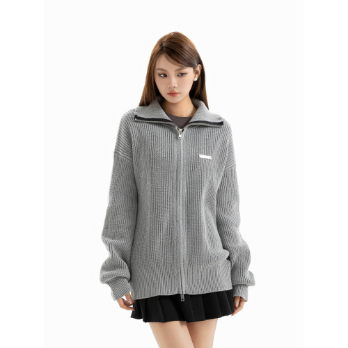 DRINTO銀標翻領高領針織衫國潮牌秋拉鍊開衫女通勤垂感純色外套