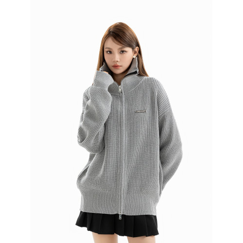 DRINTO銀標翻領高領針織衫國潮牌秋拉鍊開衫女通勤垂感純色外套