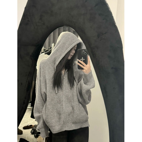 oversize！軟糯灰色拉鍊連帽毛衣開衫女秋冬新款寬松針織衫外套潮