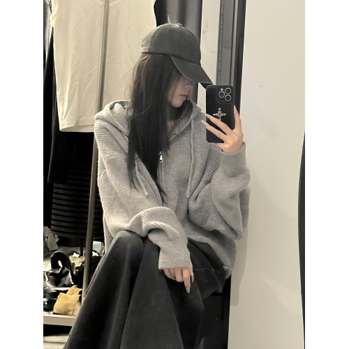 oversize！軟糯灰色拉鍊連帽毛衣開衫女秋冬新款寬松針織衫外套潮