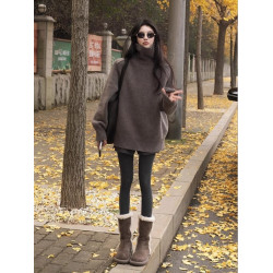 冬季高領套頭毛衣女秋冬加厚外穿慵懶風寬松中長款遮屁股針織上衣