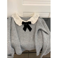 法式娃娃領蝴蝶結灰色套頭毛衣女秋冬季加厚寬松慵懶風針織衫上衣