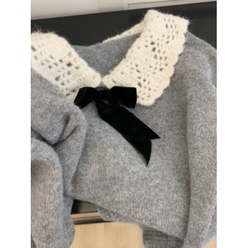法式娃娃領蝴蝶結灰色套頭毛衣女秋冬季加厚寬松慵懶風針織衫上衣