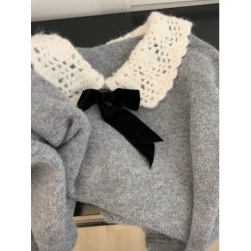 法式娃娃領蝴蝶結灰色套頭毛衣女秋冬季加厚寬松慵懶風針織衫上衣