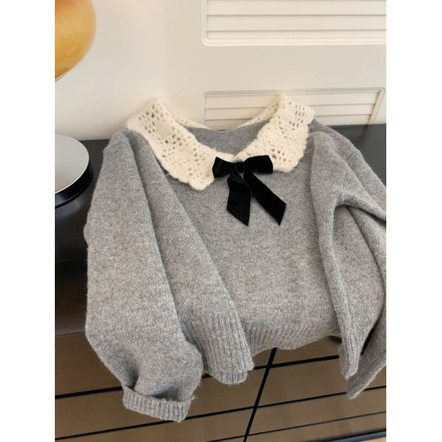 法式娃娃領蝴蝶結灰色套頭毛衣女秋冬季加厚寬松慵懶風針織衫上衣