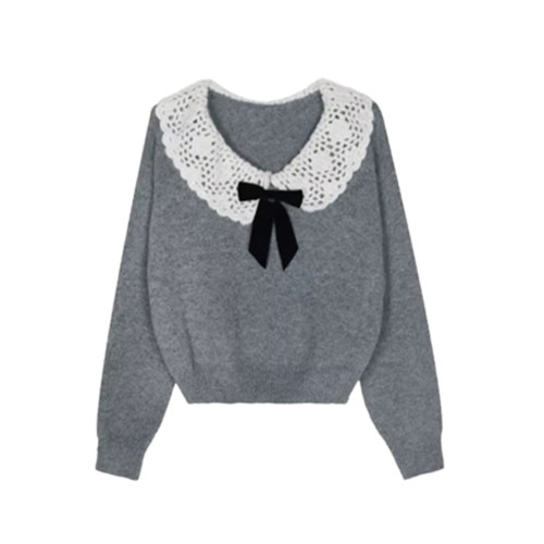 法式娃娃領蝴蝶結灰色套頭毛衣女秋冬季加厚寬松慵懶風針織衫上衣