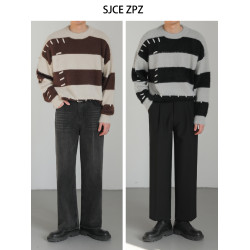 ZPZ秋冬季韓國潮流撞色條紋長袖毛衣 男設計感寬松圓領套頭針織衫