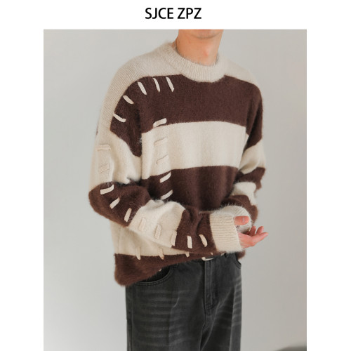 ZPZ秋冬季韓國潮流撞色條紋長袖毛衣 男設計感寬松圓領套頭針織衫