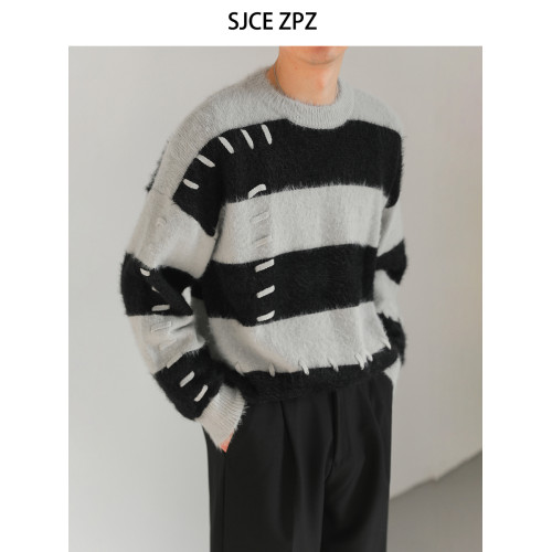 ZPZ秋冬季韓國潮流撞色條紋長袖毛衣 男設計感寬松圓領套頭針織衫