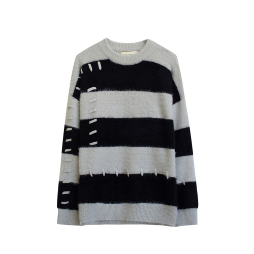 ZPZ秋冬季韓國潮流撞色條紋長袖毛衣 男設計感寬松圓領套頭針織衫