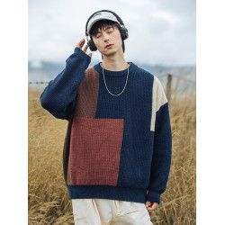 秋冬撞色拼接設計毛衣圓領休閒寬松毛衫冬季慵懶風復古針織衫男士