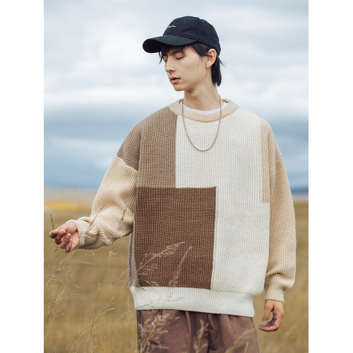 秋冬撞色拼接設計毛衣圓領休閒寬松毛衫冬季慵懶風復古針織衫男士