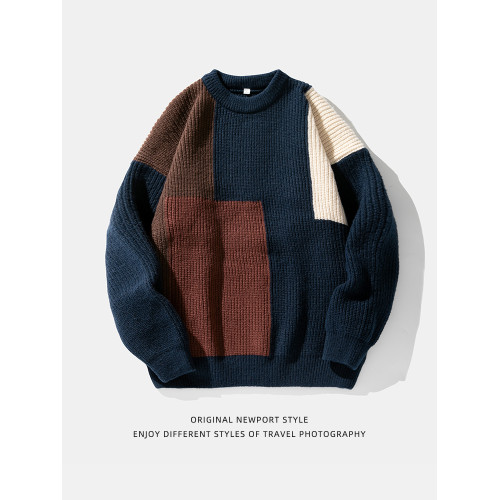 秋冬撞色拼接設計毛衣圓領休閒寬松毛衫冬季慵懶風復古針織衫男士