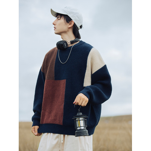 秋冬撞色拼接設計毛衣圓領休閒寬松毛衫冬季慵懶風復古針織衫男士