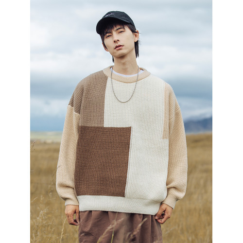 秋冬撞色拼接設計毛衣圓領休閒寬松毛衫冬季慵懶風復古針織衫男士