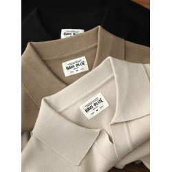 秋季新款休閒翻領毛衣復古時尚內搭寬松慵懶純色POLO領針織衫男