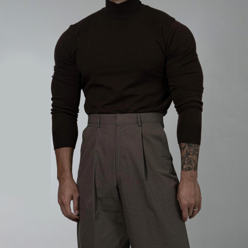 高領純色針織衫男春秋美式硬漢彈力修身內搭輕熟風長袖套頭打底衫