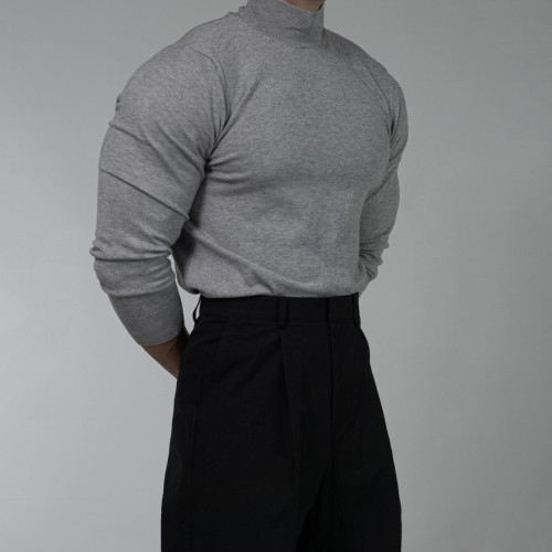 高領純色針織衫男春秋美式硬漢彈力修身內搭輕熟風長袖套頭打底衫