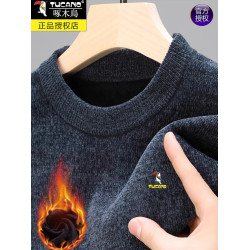 啄木鳥雪尼爾毛衣男圓領加絨加厚一體絨保暖羊毛針織打底衫上衣服