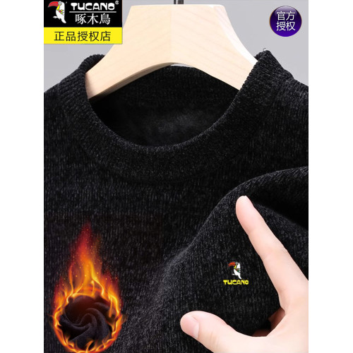 啄木鳥雪尼爾毛衣男圓領加絨加厚一體絨保暖羊毛針織打底衫上衣服