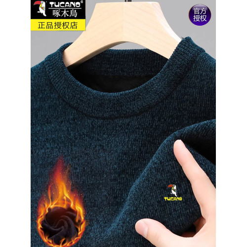 啄木鳥雪尼爾毛衣男圓領加絨加厚一體絨保暖羊毛針織打底衫上衣服