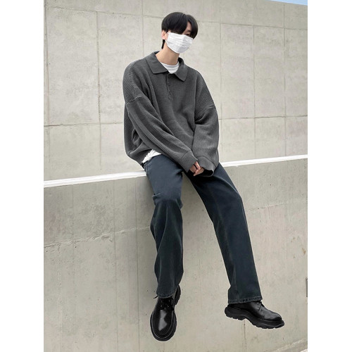 MRCYC繙領長袖毛衣男秋季韓系寬鬆高級感慵嬾風純色Polo領針織衫