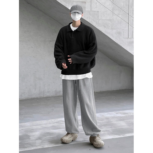 MRCYC繙領長袖毛衣男秋季韓系寬鬆高級感慵嬾風純色Polo領針織衫