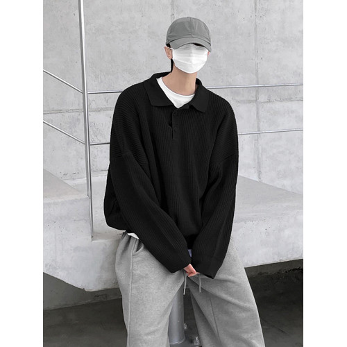 MRCYC繙領長袖毛衣男秋季韓系寬鬆高級感慵嬾風純色Polo領針織衫