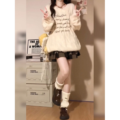 奶fufu軟糯字母提花馬海毛毛衣女秋冬加厚寬松慵懶套頭針織衫上衣