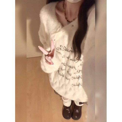 奶fufu軟糯字母提花馬海毛毛衣女秋冬加厚寬松慵懶套頭針織衫上衣