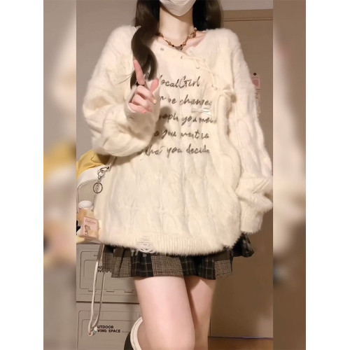 奶fufu軟糯字母提花馬海毛毛衣女秋冬加厚寬松慵懶套頭針織衫上衣