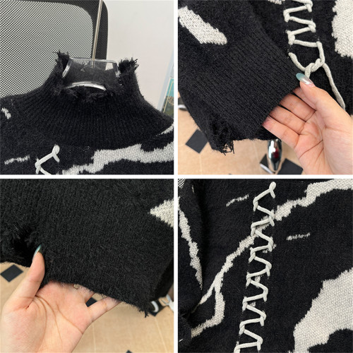 暗黑系高領穿繩毛衣男秋冬美式復古小衆撞色設計感寬松破洞針織衫