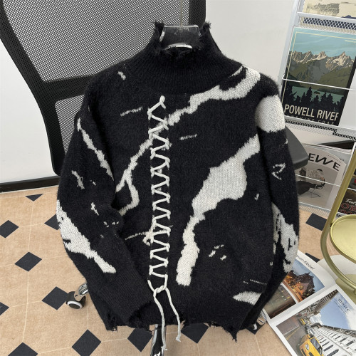 暗黑系高領穿繩毛衣男秋冬美式復古小衆撞色設計感寬松破洞針織衫