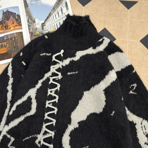 暗黑系高領穿繩毛衣男秋冬美式復古小衆撞色設計感寬松破洞針織衫