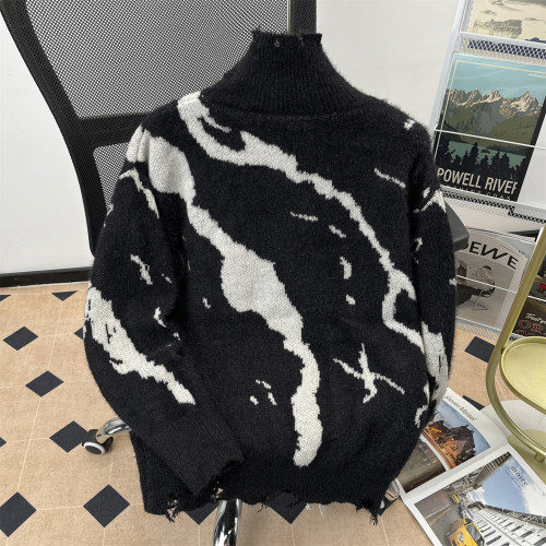 暗黑系高領穿繩毛衣男秋冬美式復古小衆撞色設計感寬松破洞針織衫