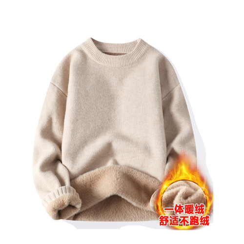 啄木鳥毛衣男冬季寬松加絨加厚純色圓領可機洗一體絨針織打底衫男