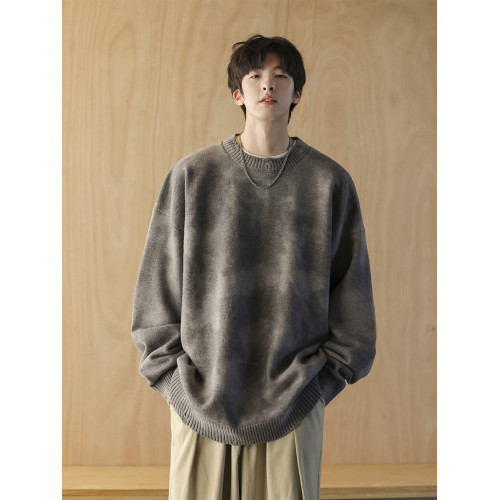紥染復古圓領毛衣男秋冬季內搭痞帥日系慵懶風男裝寬松針織毛線衣