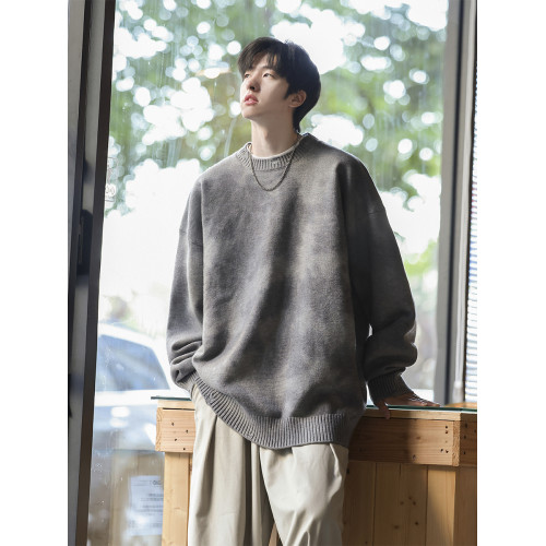 紥染復古圓領毛衣男秋冬季內搭痞帥日系慵懶風男裝寬松針織毛線衣