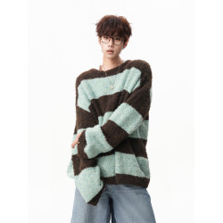 氛圍感條紋撞色圓領毛衣男秋冬慵懶感寬松休閒大碼情侶針織衫上衣